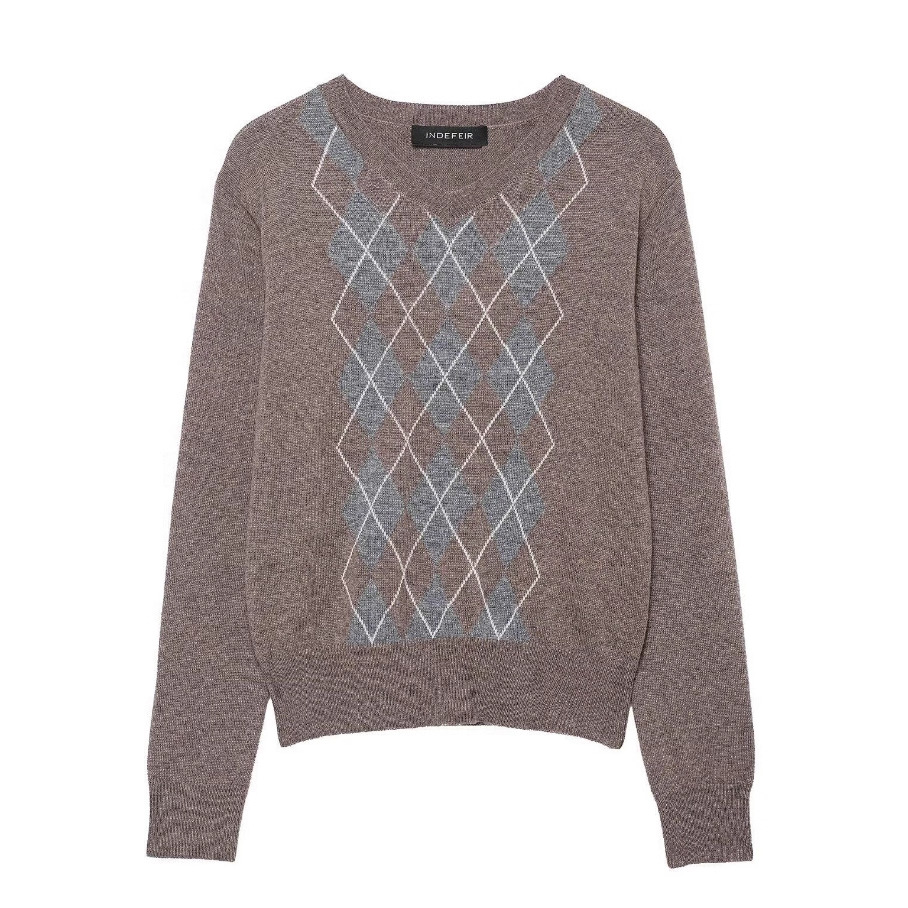 Women's Loose Fit Diamond Pattern Knit Sweater V-Neck Long Sleeve