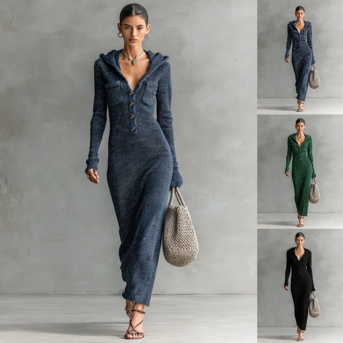 Slim-Fit Half-Open Collar Hooded Knit Sweater Dress