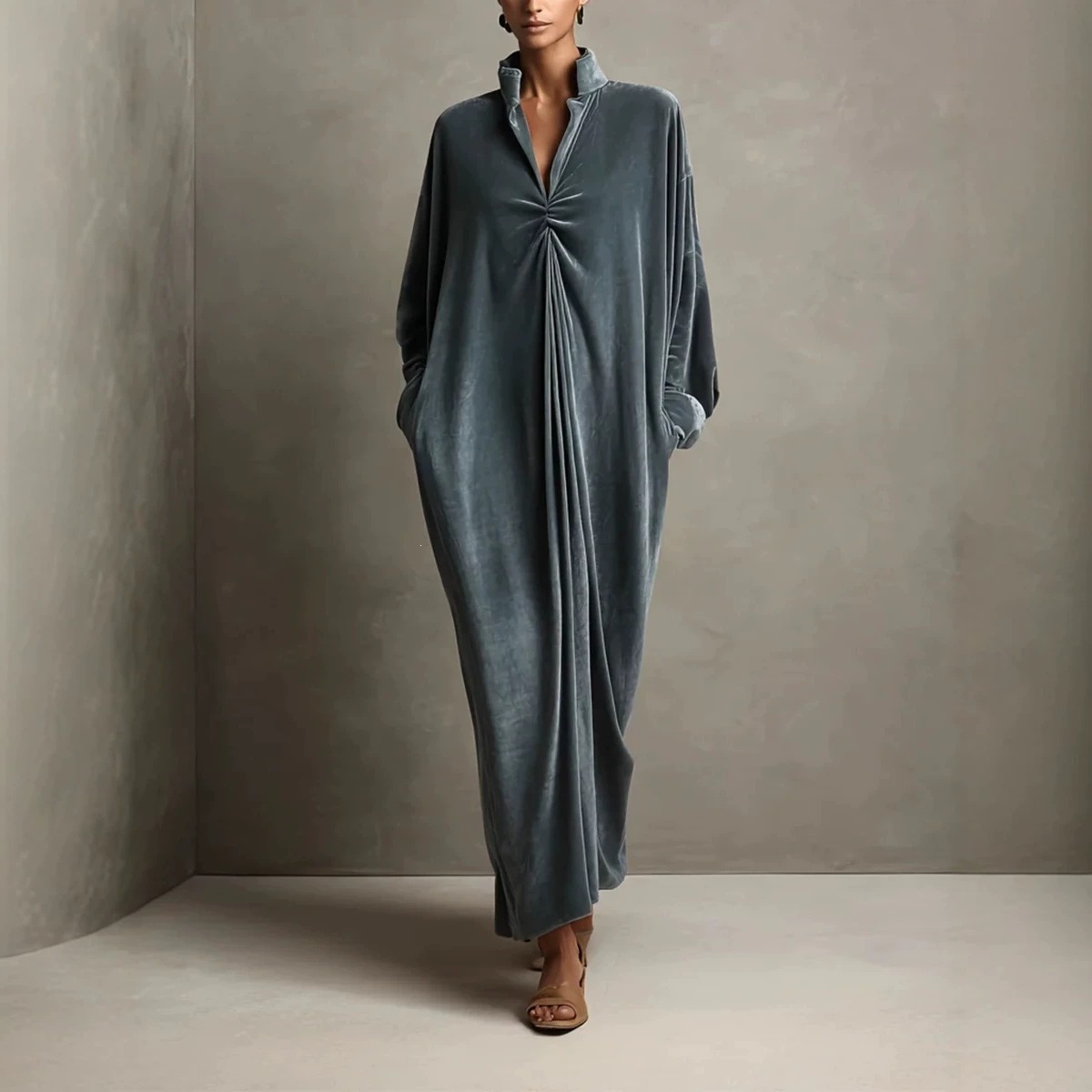 Stand Collar Velvet Long Dress with Twist Knot Detail