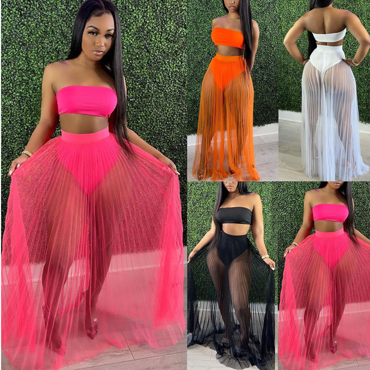 Women's Sexy Sheer Mesh Pleated Three-Piece Skirt Set with Tube Top