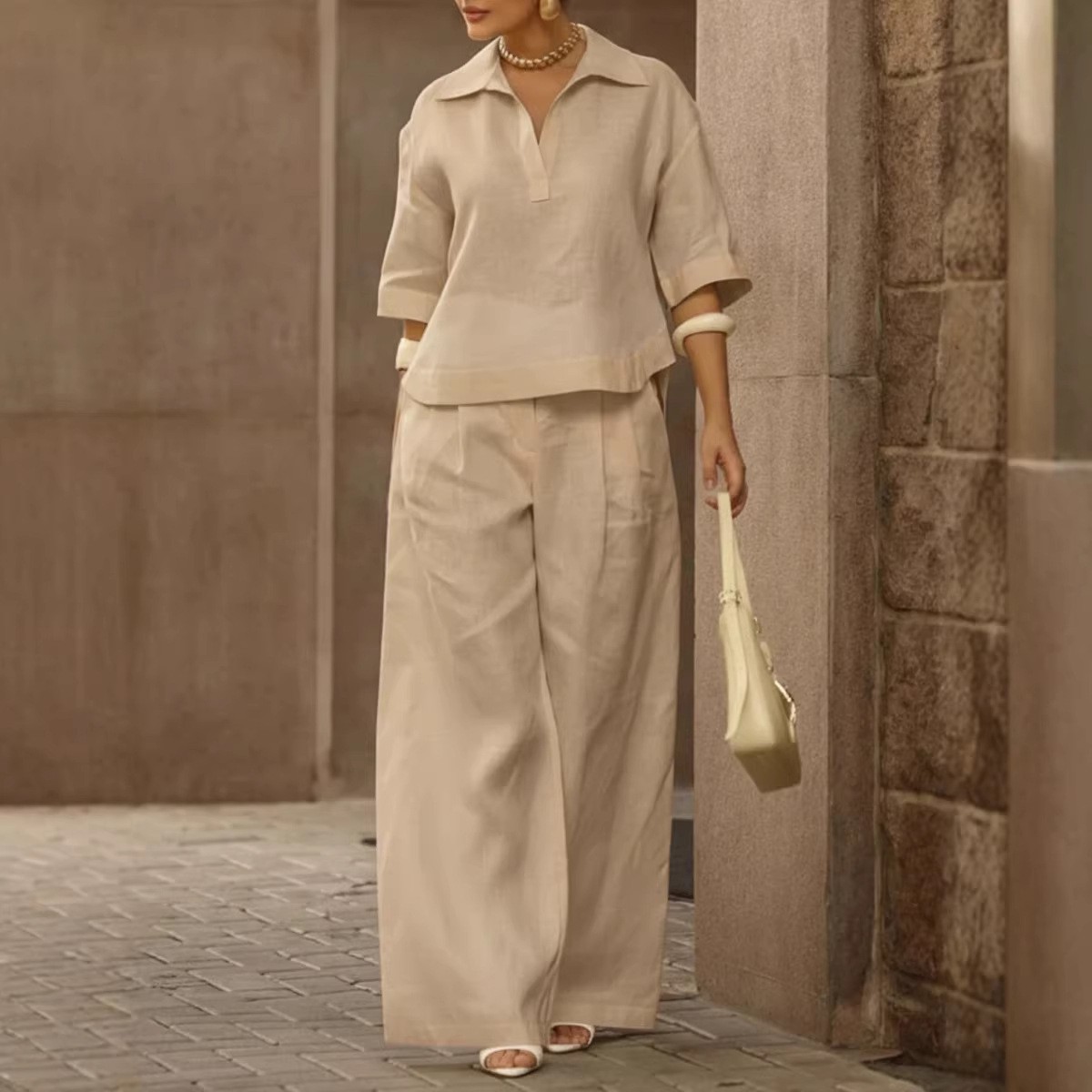 Women's Solid Color Two-Piece Wide-Leg Pants Set Slimming Versatile