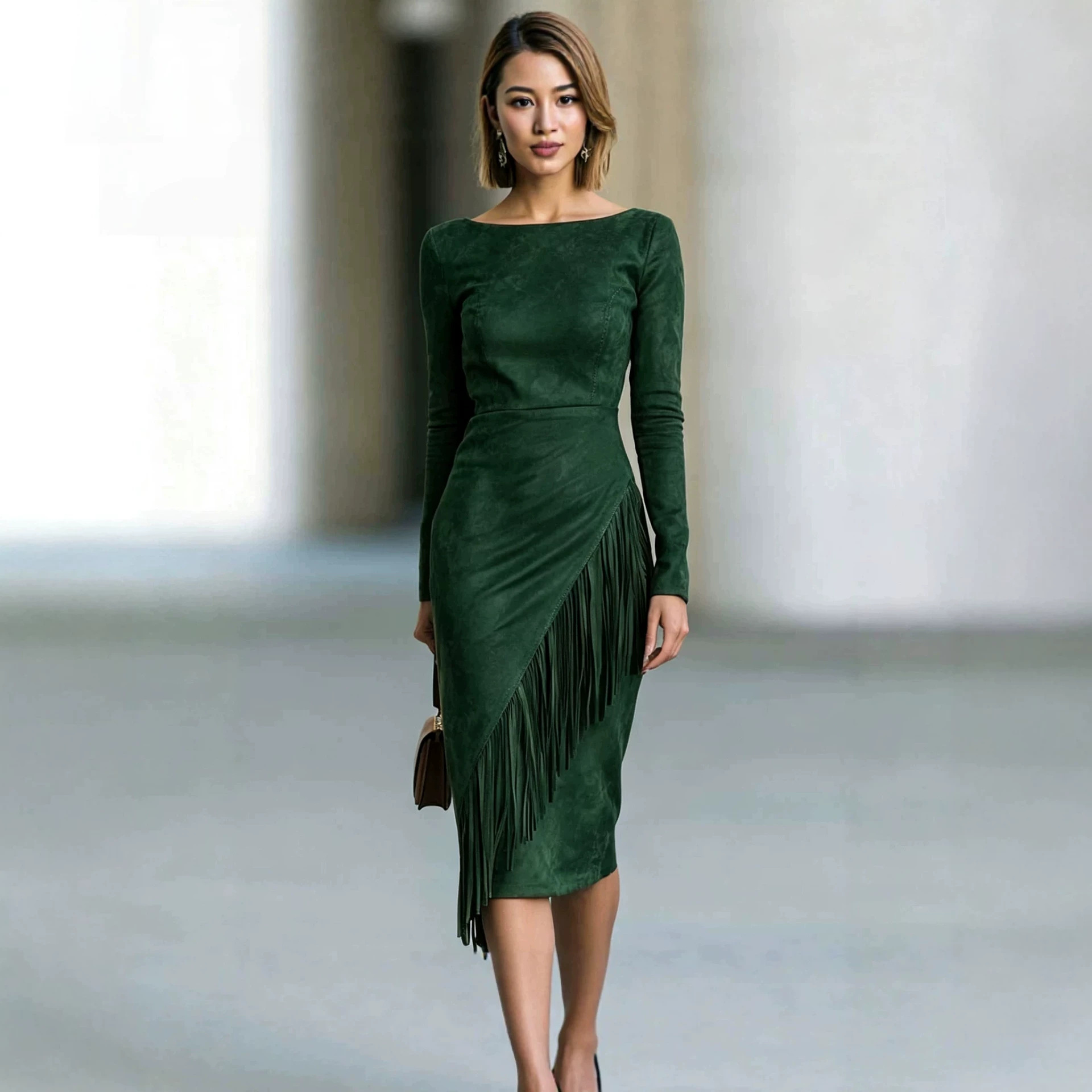Bohemian Faux Suede Fringe Patchwork Long Dress