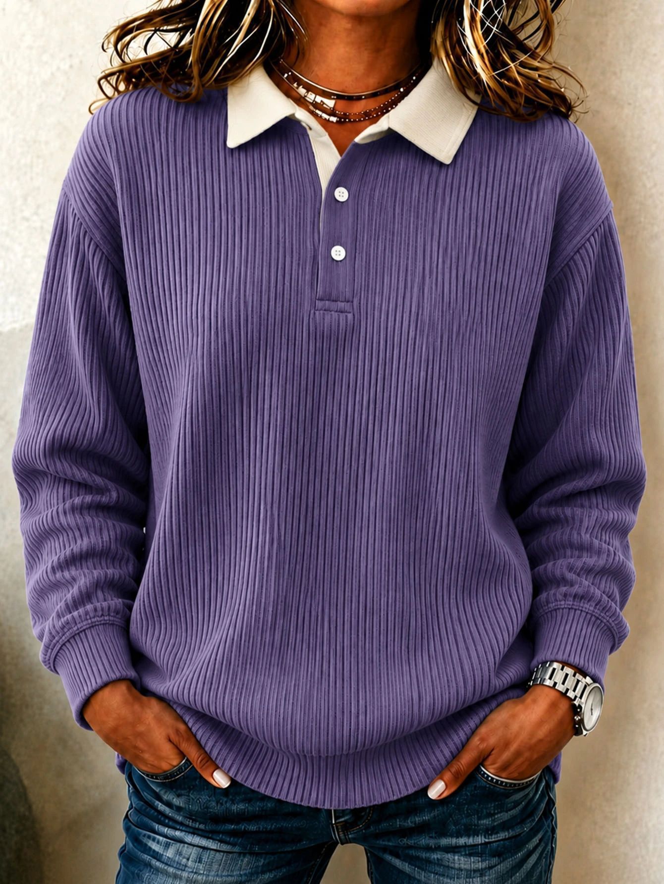 Women's Ribbed Knit Collared Long Sleeve Top