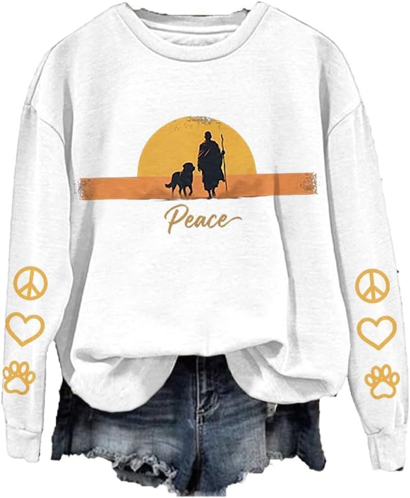 Women's Light and Peace Walking Print Crewneck Sweatshirt