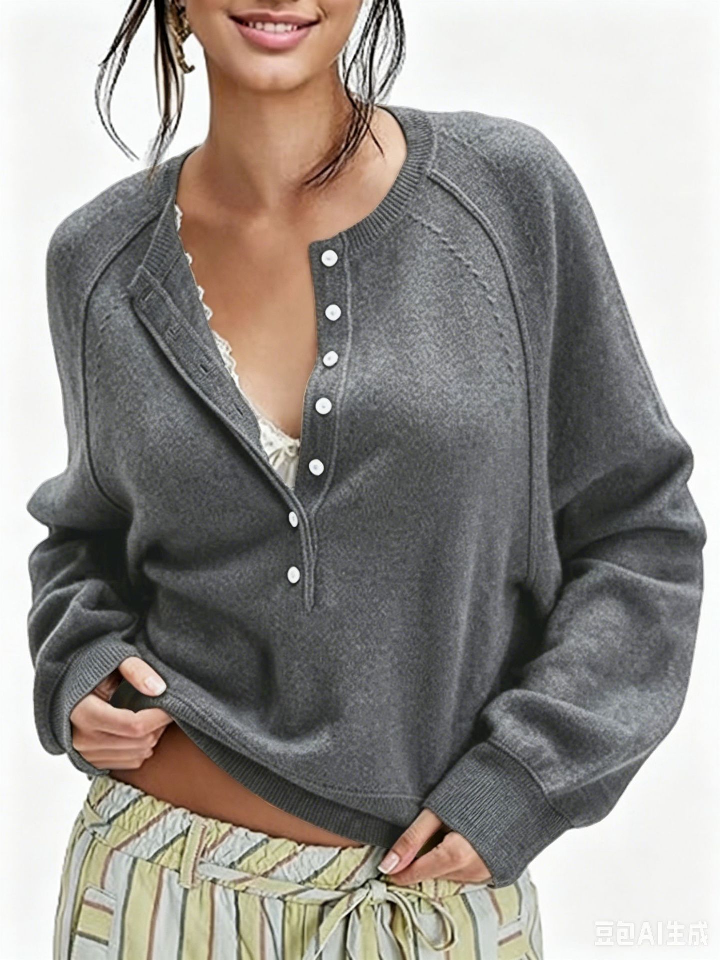 Women's Button-Front Half-Open Neck Sweater Loose Knit Top