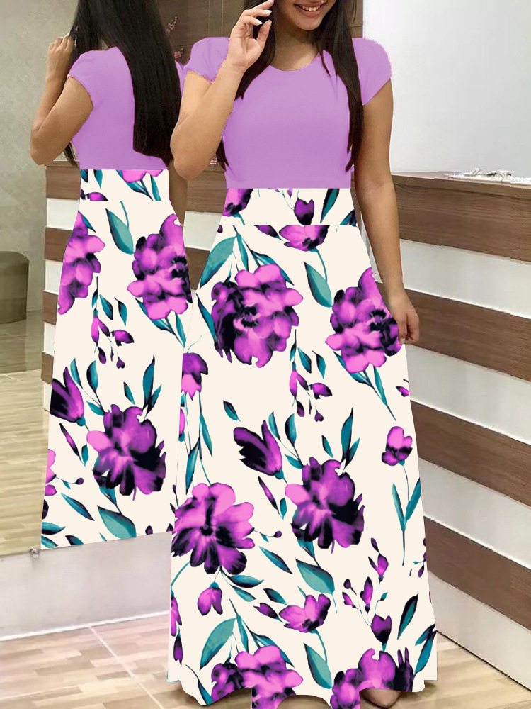 Floral Print Colorblock Long & Short Sleeve Dress