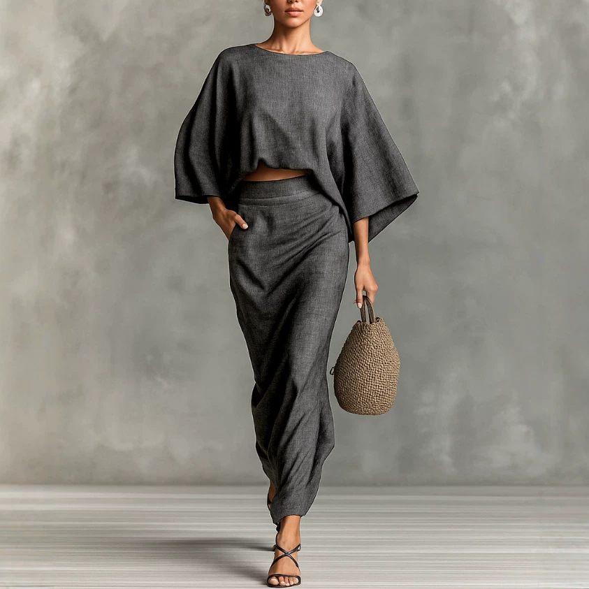 High-Waist Midi Skirt Set with Round-Neck Long-Sleeve Loose Top