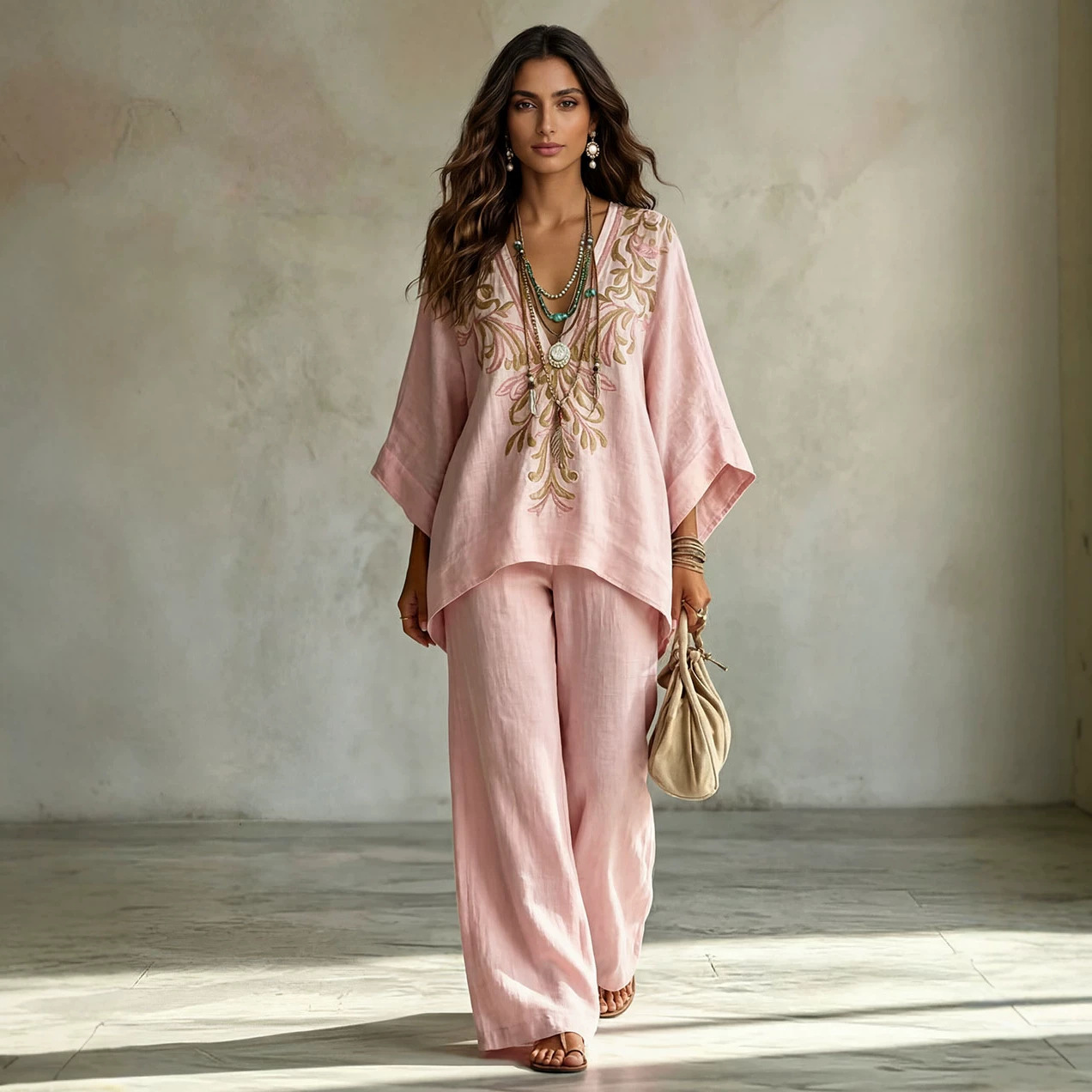 Printed Round Neck Top and Wide-Leg Pants Casual Two-Piece Set