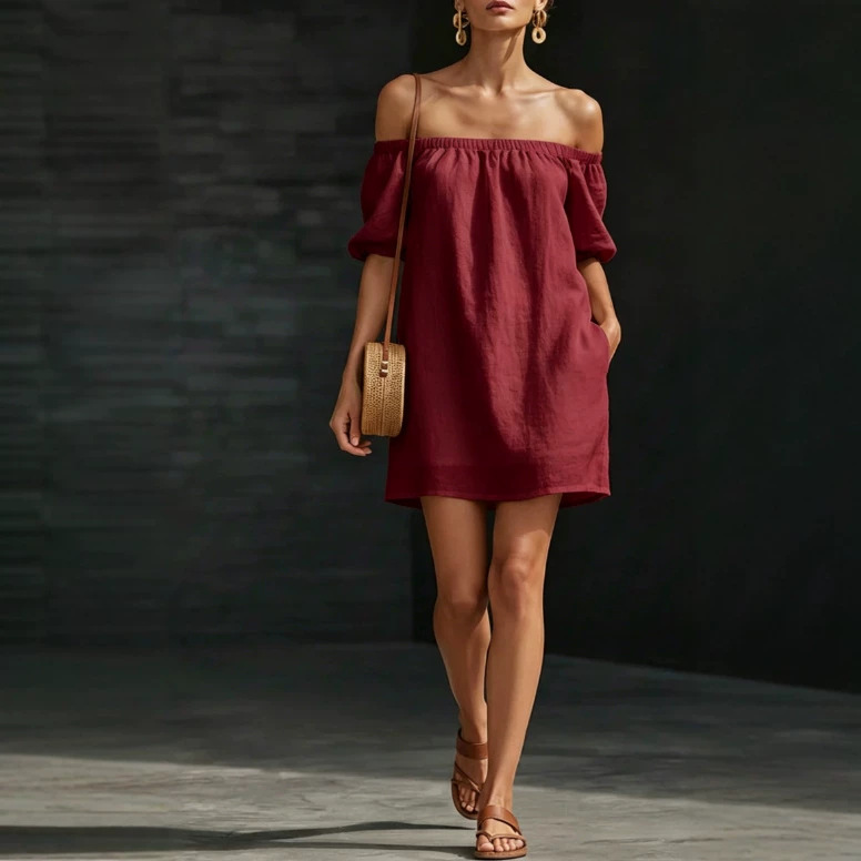 Women's Off-Shoulder One-Line Neck Solid Color Loose Dress