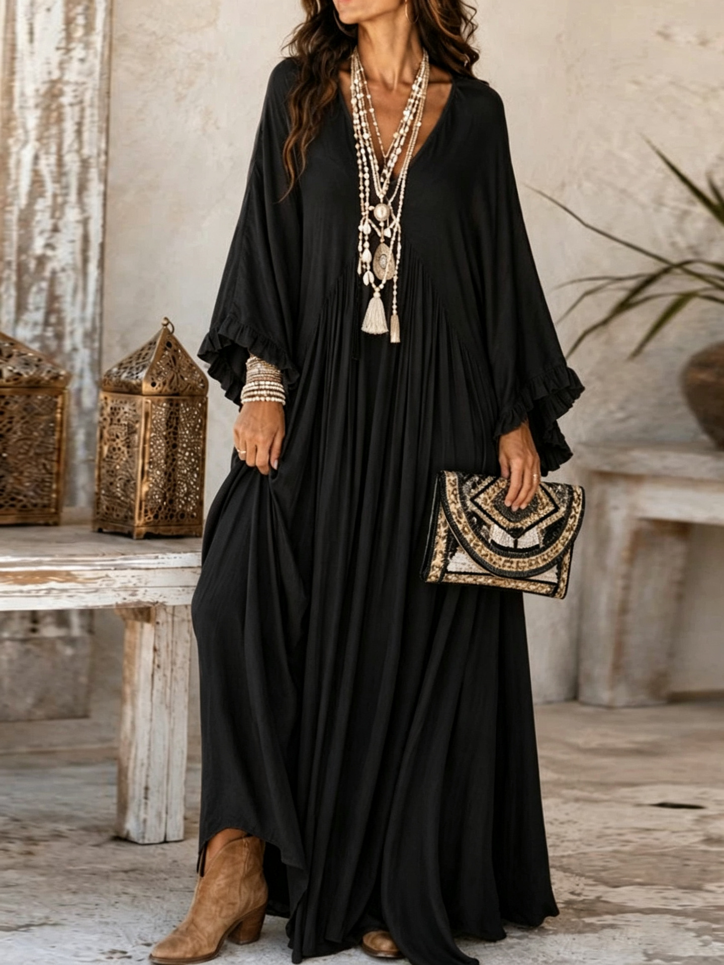 Women's Elegant V-Neck Ruffle Long Sleeve Loose Plus Size Casual Vacation Dress