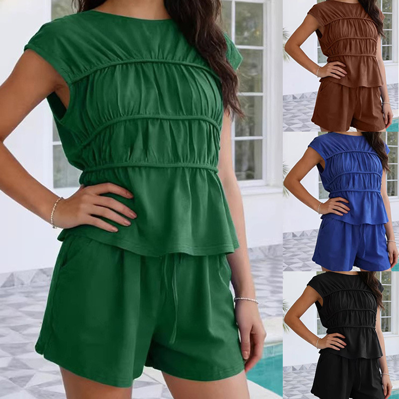 Women's Solid Color Ruched Elastic Waist Top & Wide Leg Pants Set