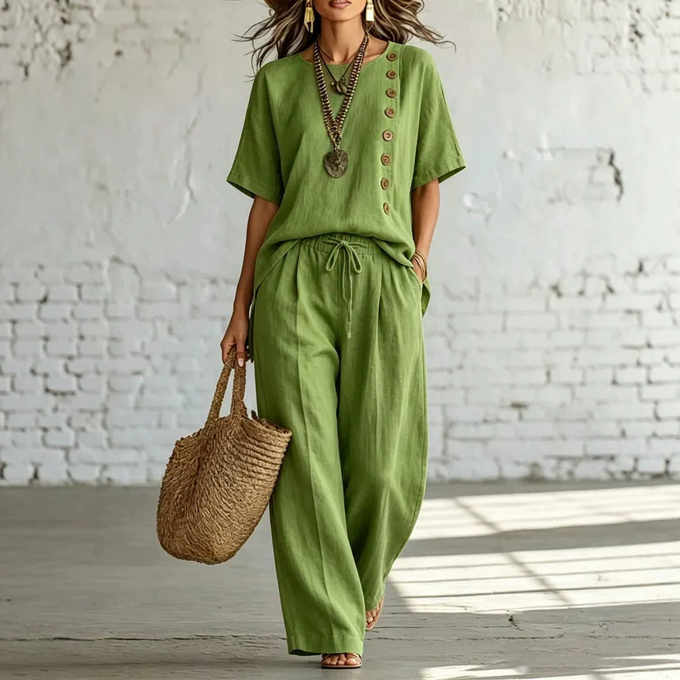 Women's Short Sleeve Side Button Loose Two-Piece Pant Set