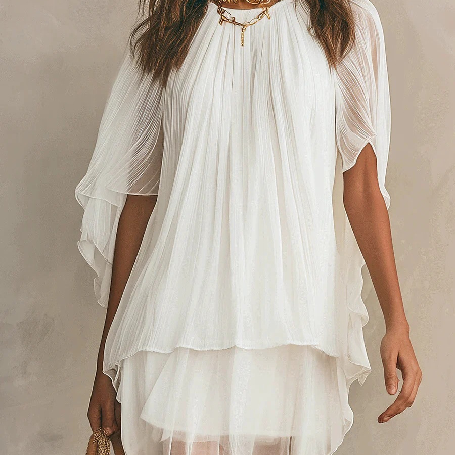 White Chiffon Vacation Dress Women's Loose Flowy Short Beach Dress