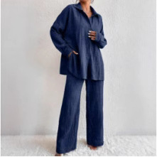 Women's Pleated Long Pants Long Sleeve Lapel Elegant Set