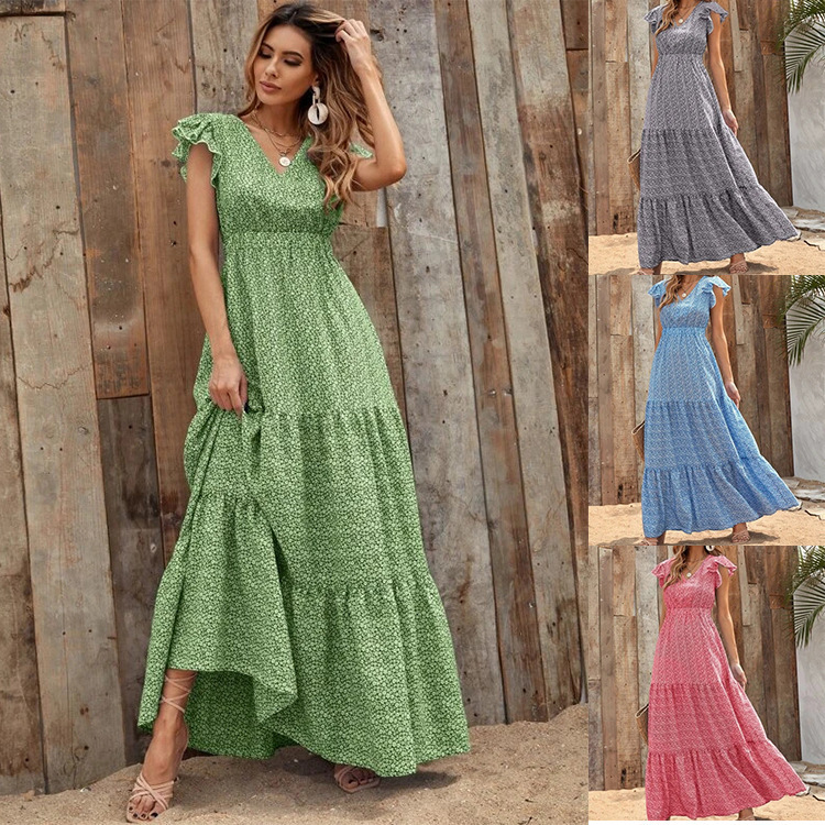 Bohemian V-Neck High-Waist Floral Print Maxi Dress with Ruffle Sleeves