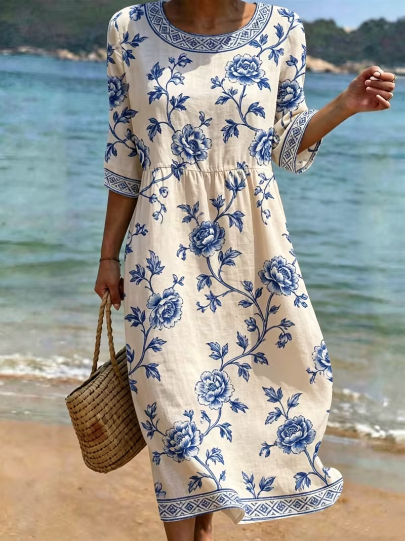 Women's Floral Print Midi Dress Crew Neck Half Sleeve Slim Fit Casual