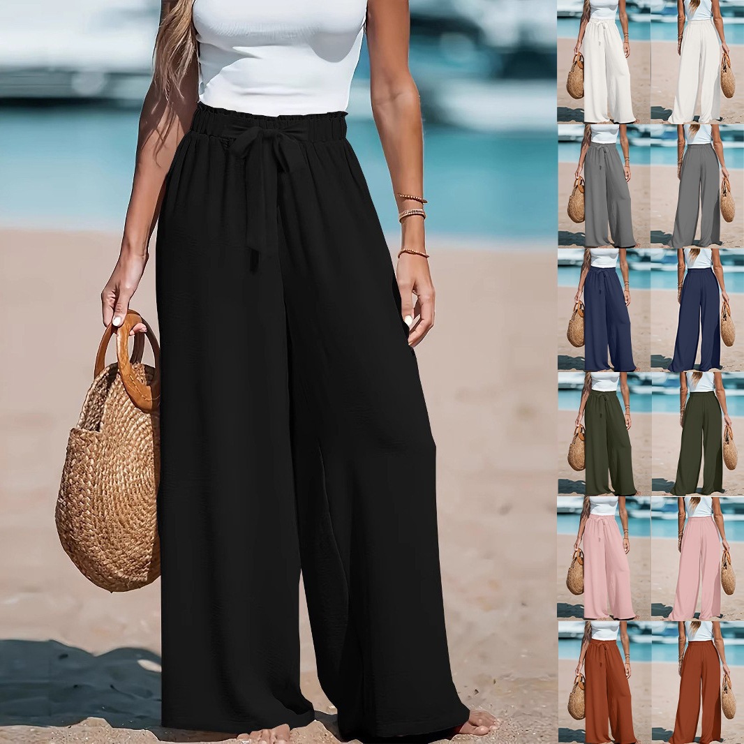 High-Waist Wide-Leg Tie Pants Loose Drapey Commute Casual