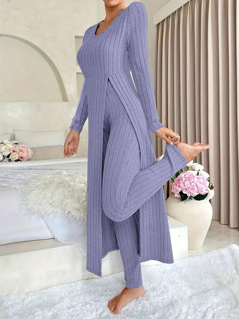 Women's Two-Piece Set with Split Hem Long Sleeve Top