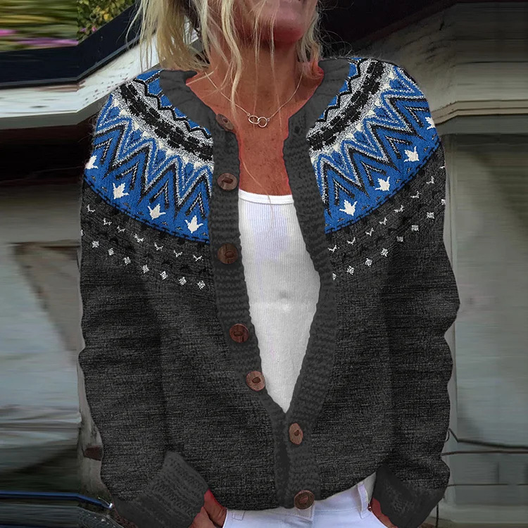 Women's Tribal Feather Print Button Cardigan Sweater