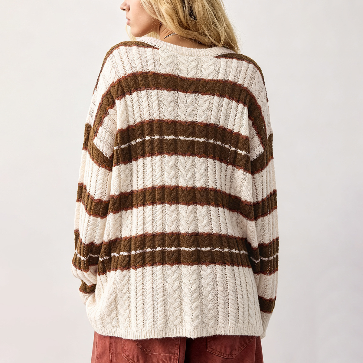 Striped Cable-Knit Pullover Sweater Women's Loose Fit Crew Neck