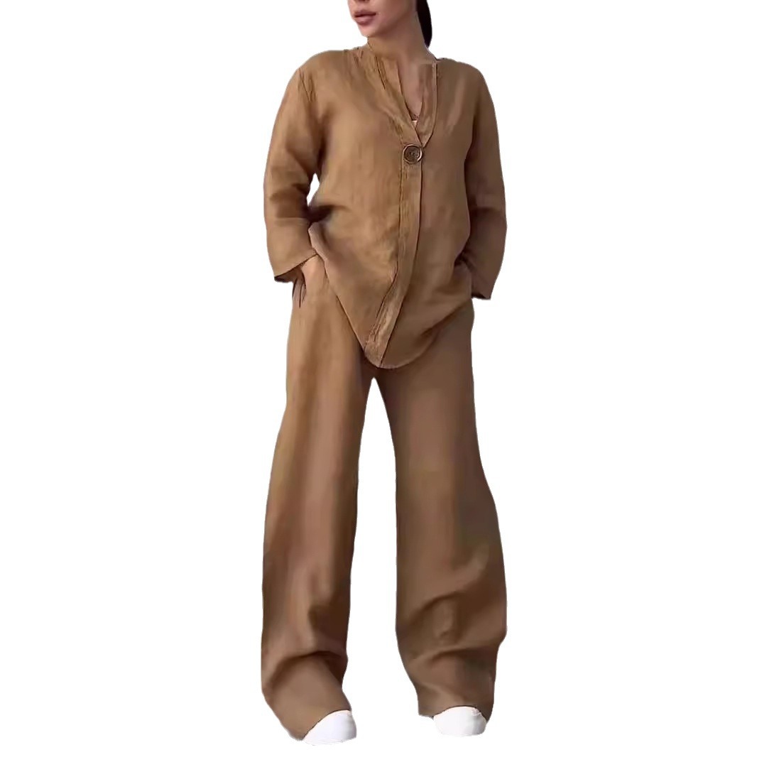 Women's Cotton-Linen Loose Top & Wide-Leg Pants Casual Set