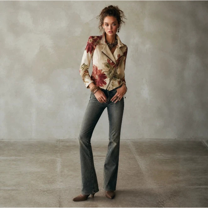 Bohemian Floral Print Asymmetric Hem Zip Moto Jacket