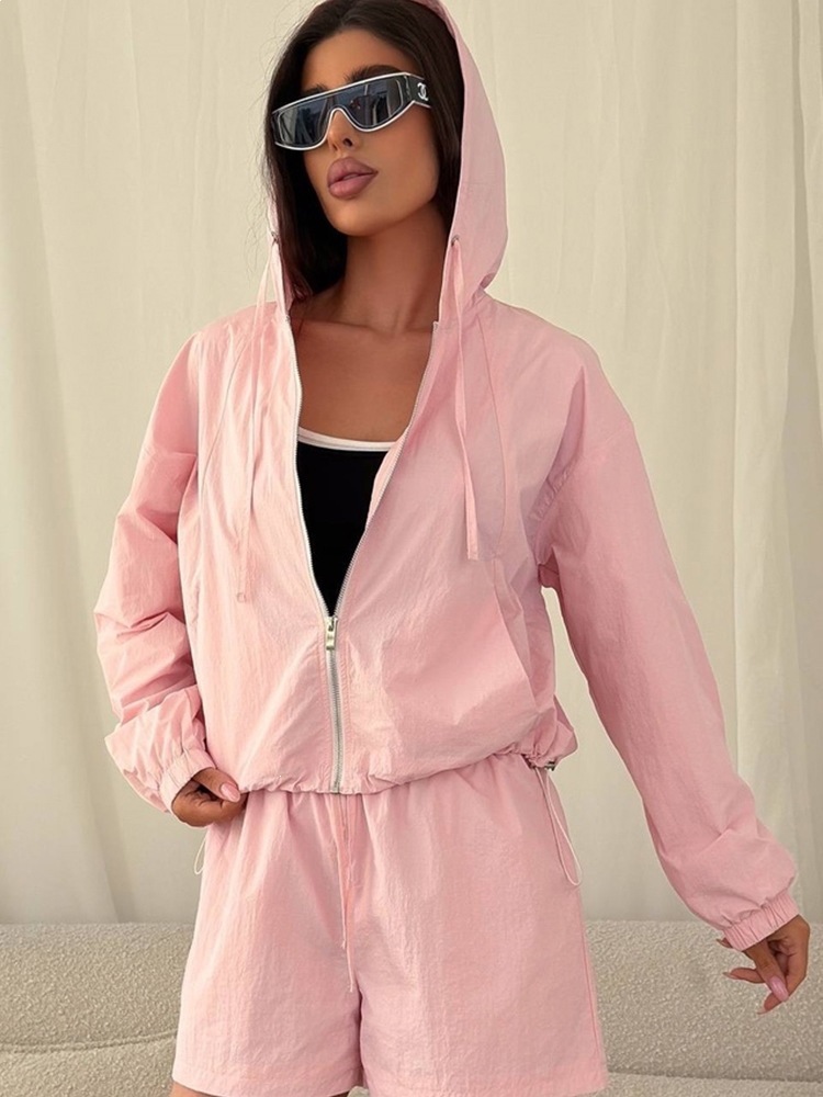 Women's Solid Color Long Sleeve Zip Cardigan and Elastic Shorts Two-Piece Set