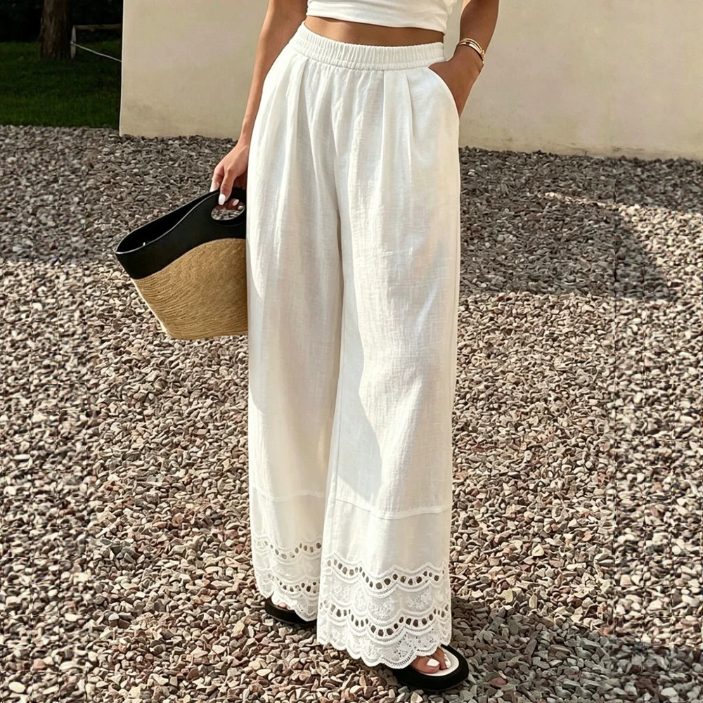 Women's Solid Lace Trim Cotton Linen Wide Leg Pants
