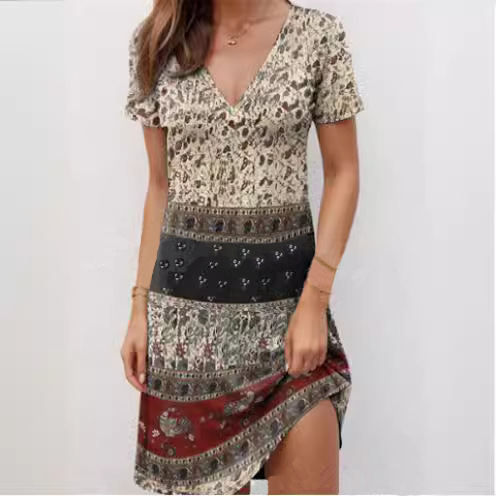 V-Neck Short Sleeve High Waist Geometric Print Midi Dress