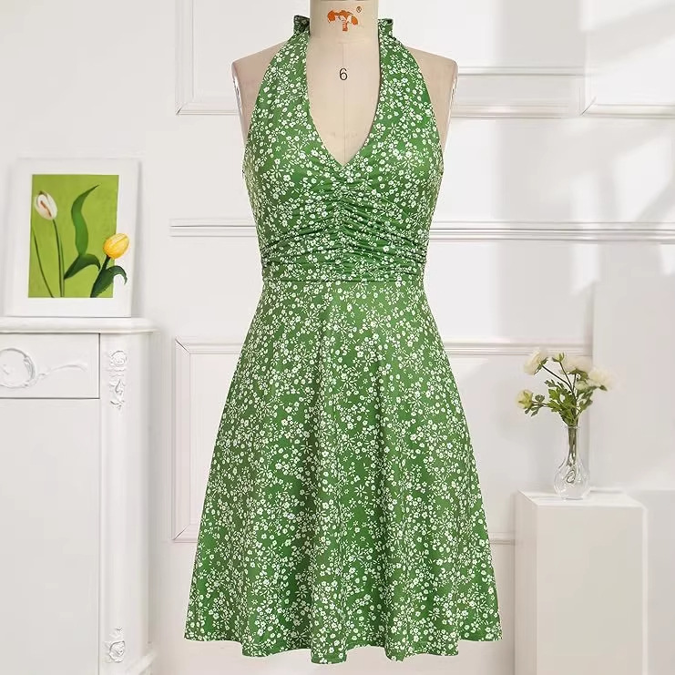 Women's Floral Halter V-Neck A-Line Short Dress