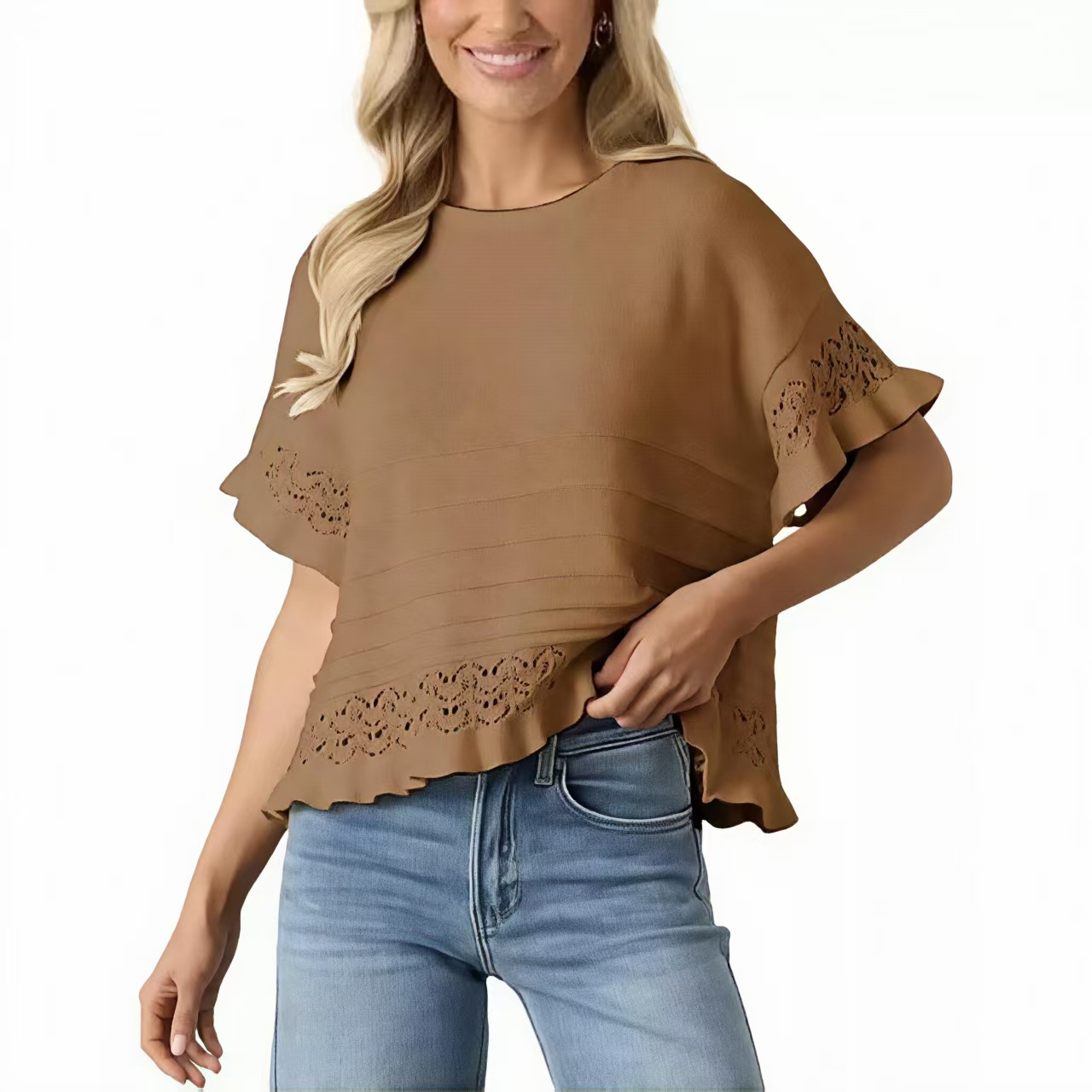 Women's Round Neck Hollow-Out Knit Short Sleeve Ruffle Loose Sweater