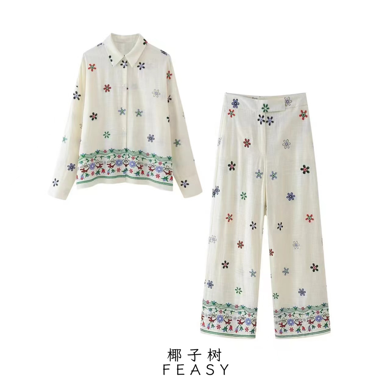 Floral Embroidered Shirt and Straight-Leg Pants Set