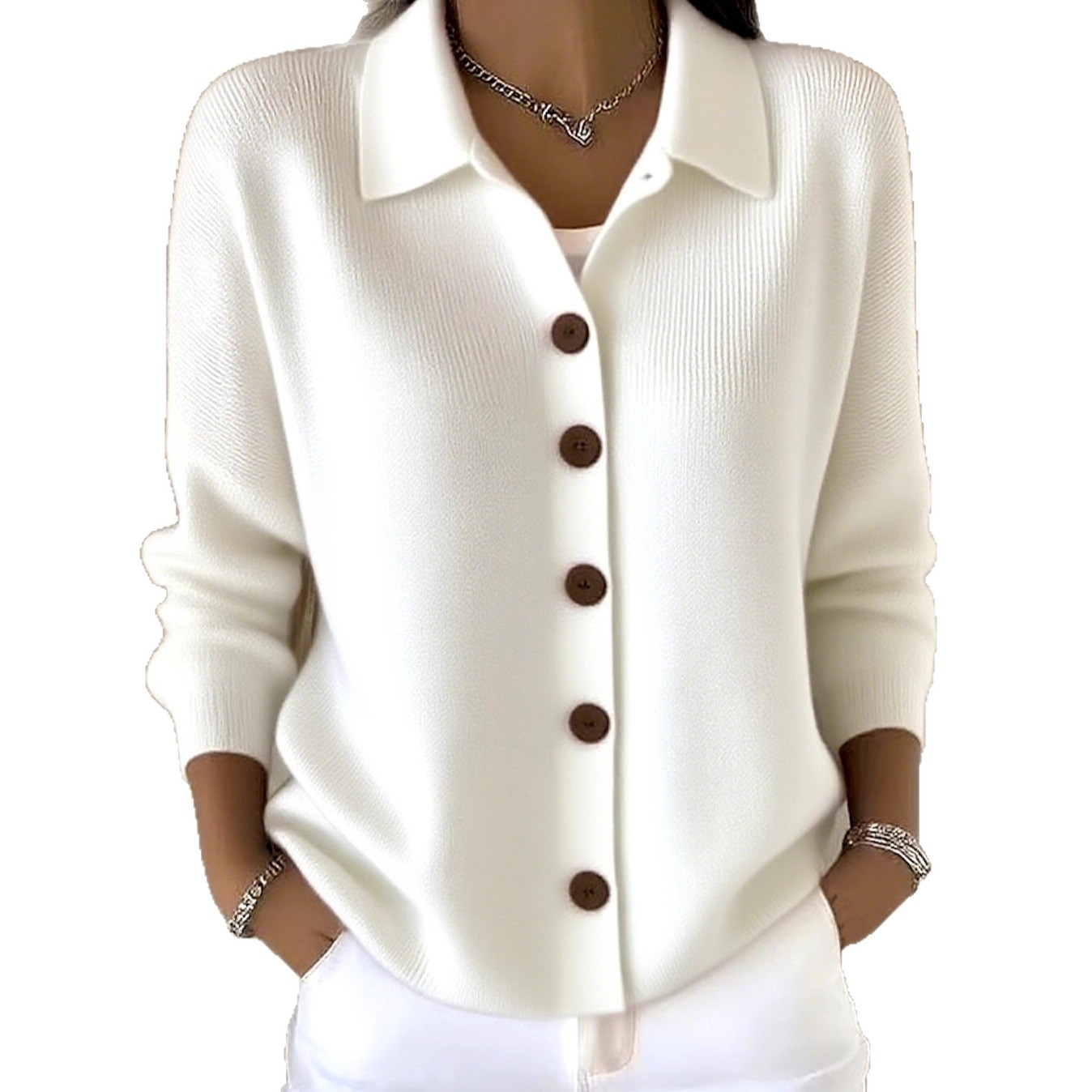 Button-Front Knit Cardigan Sweater with Collar, Solid Color Casual Women's Outerwear