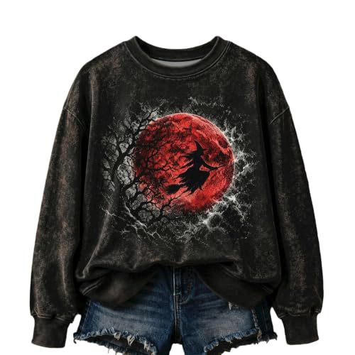 Halloween Witch Castle Print Crewneck Long Sleeve Pullover Sweatshirt