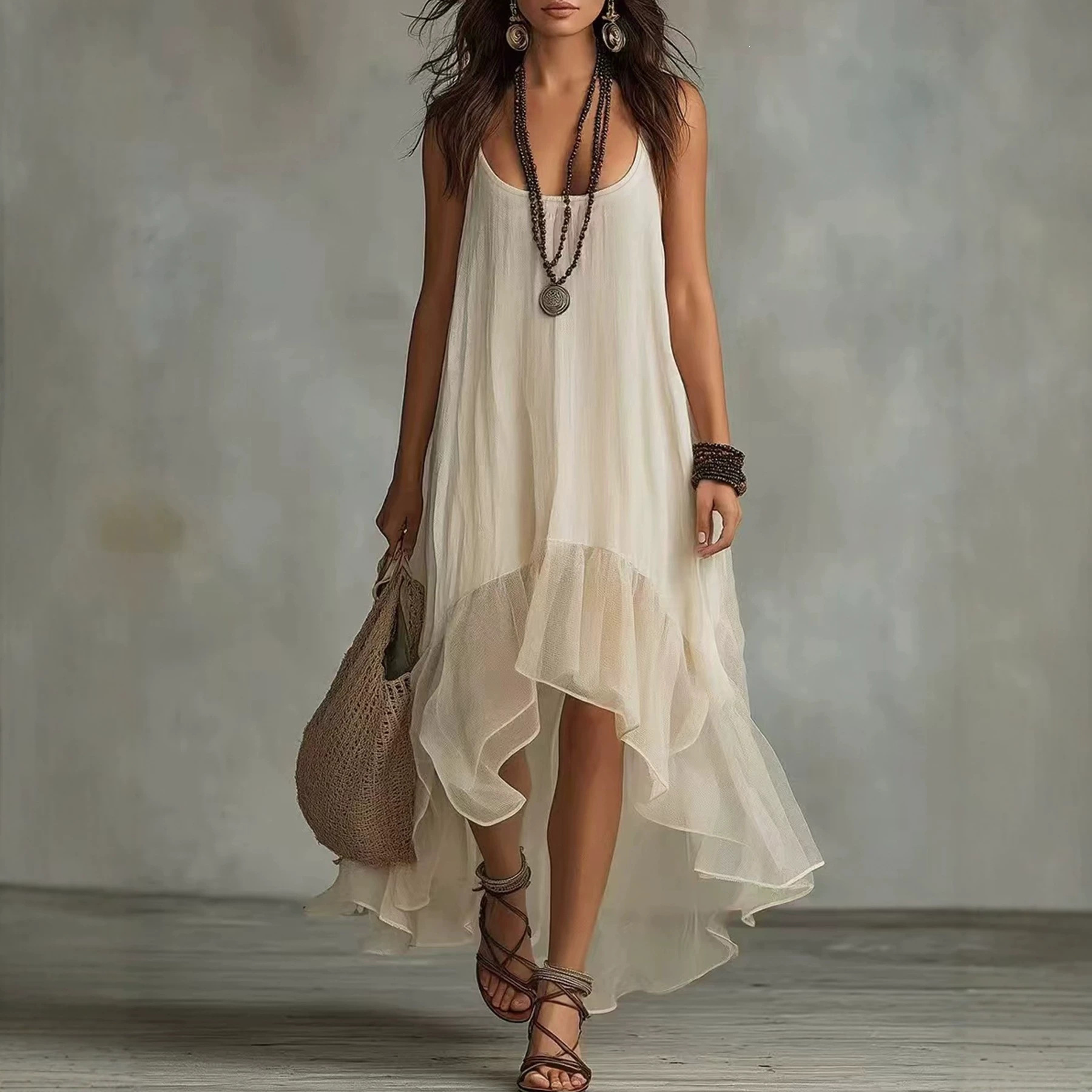 Women's Solid Color Sleeveless Asymmetrical Dress Ivory White