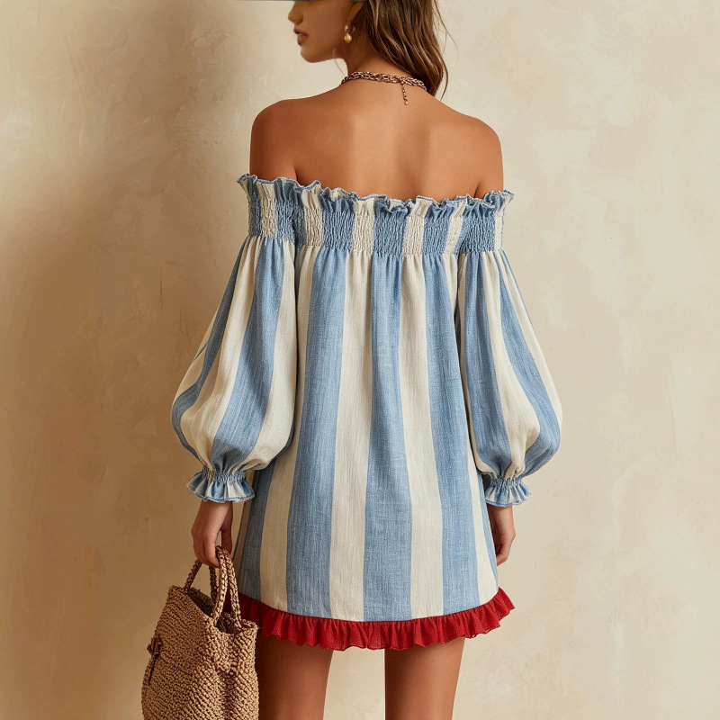 Color-Block Ruffle Trim Off-Shoulder Puff Sleeve Striped Mini Dress