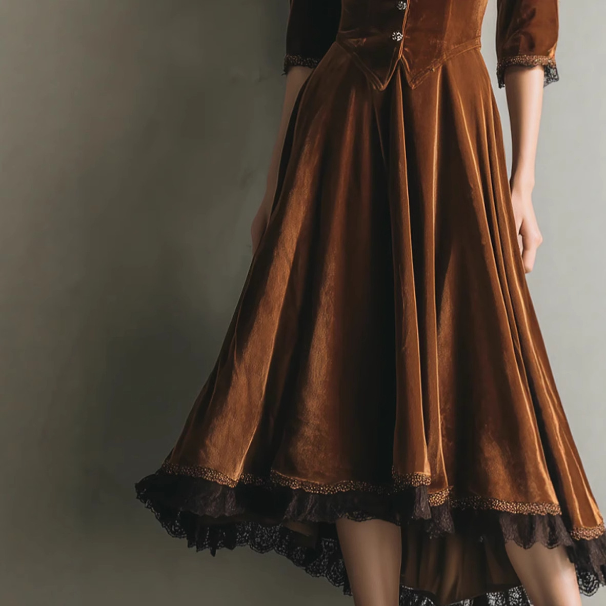 Western V-Neck Velvet Lace Panel Maxi Dress