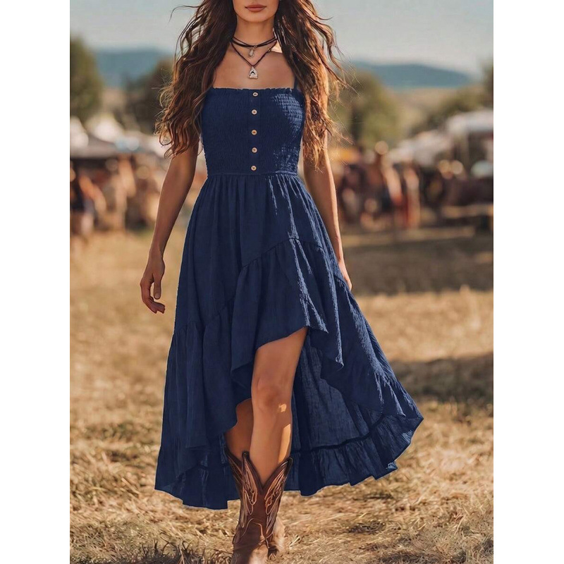Bohemian Smocked Waist Midi Dress Sleeveless A-Line
