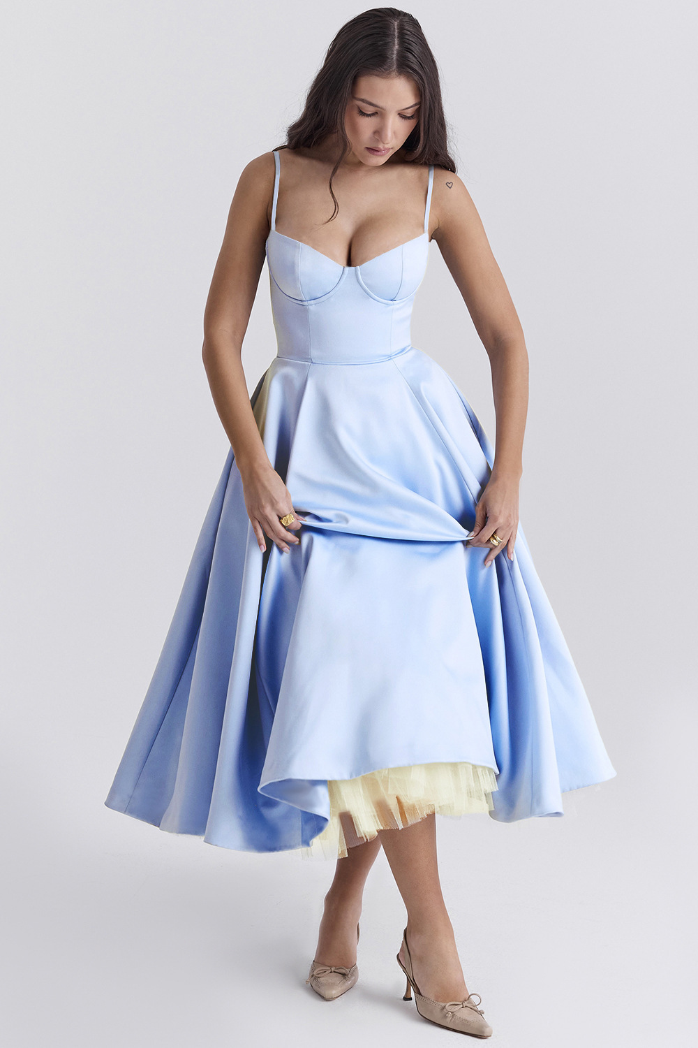 Women's French Style Tulle Double-Layer Cami Maxi Dress with Full Skirt
