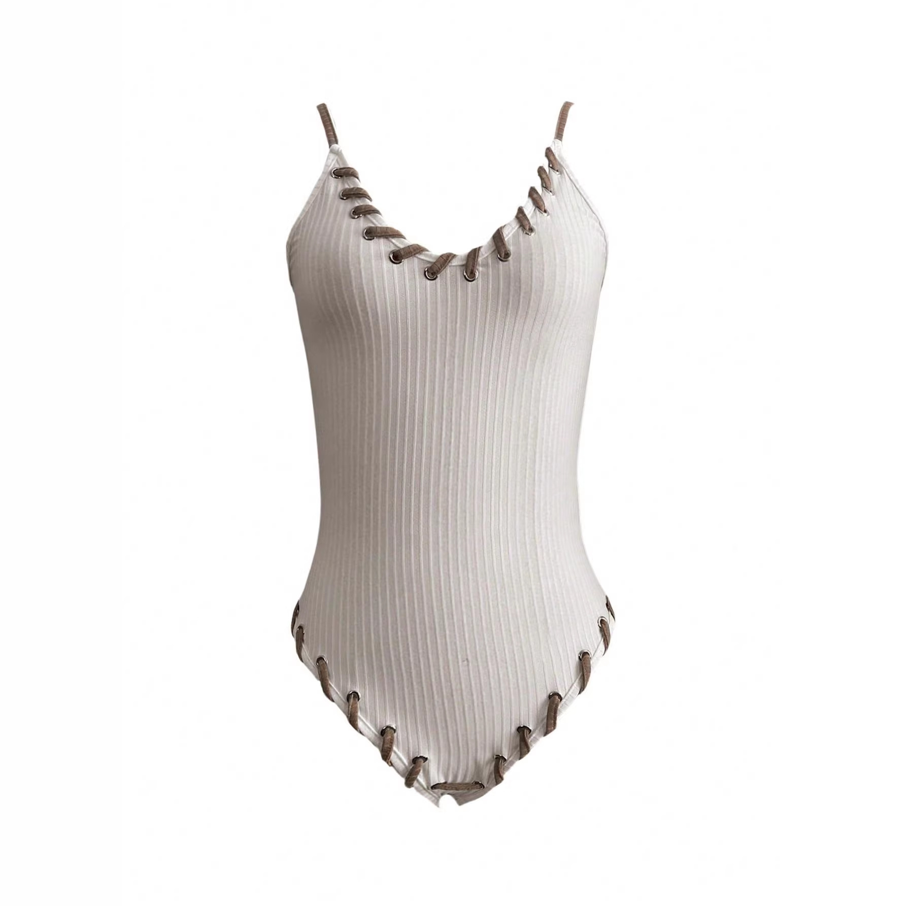 Women's Halter One-Piece Swimsuit Deep V Ribbed Knit Tie Bikini Vacation Swimwear