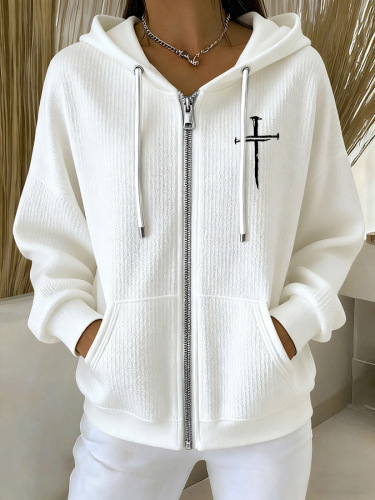 Women's Cross Print Ribbed Hoodie Long Sleeve Crew Neck Zip Up