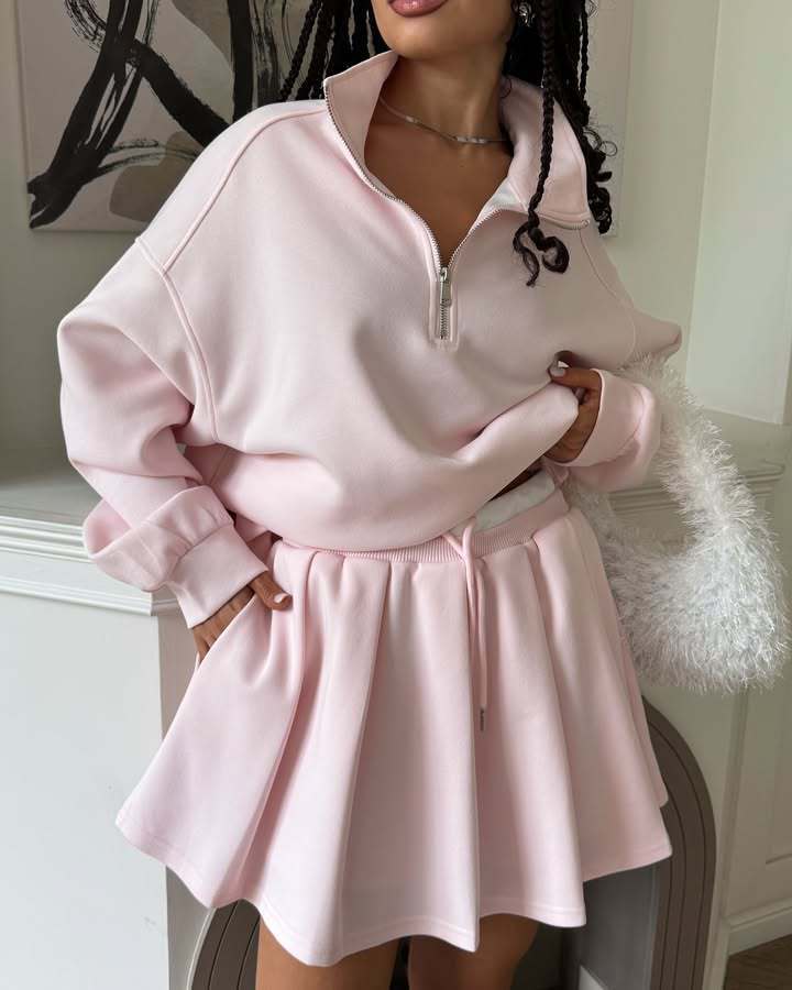 Women's Zip-Up Cardigan and Drawstring Mini Skirt Two-Piece Set