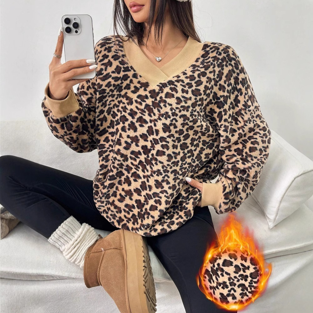Women's V-Neck Leopard Print Fuzzy Pullover Sweatshirt