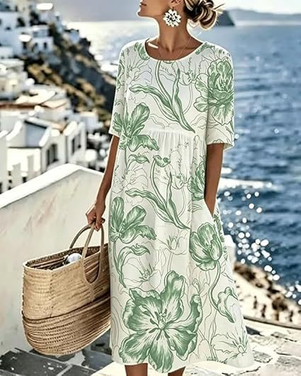 Women's Floral Print Midi Dress with Pockets