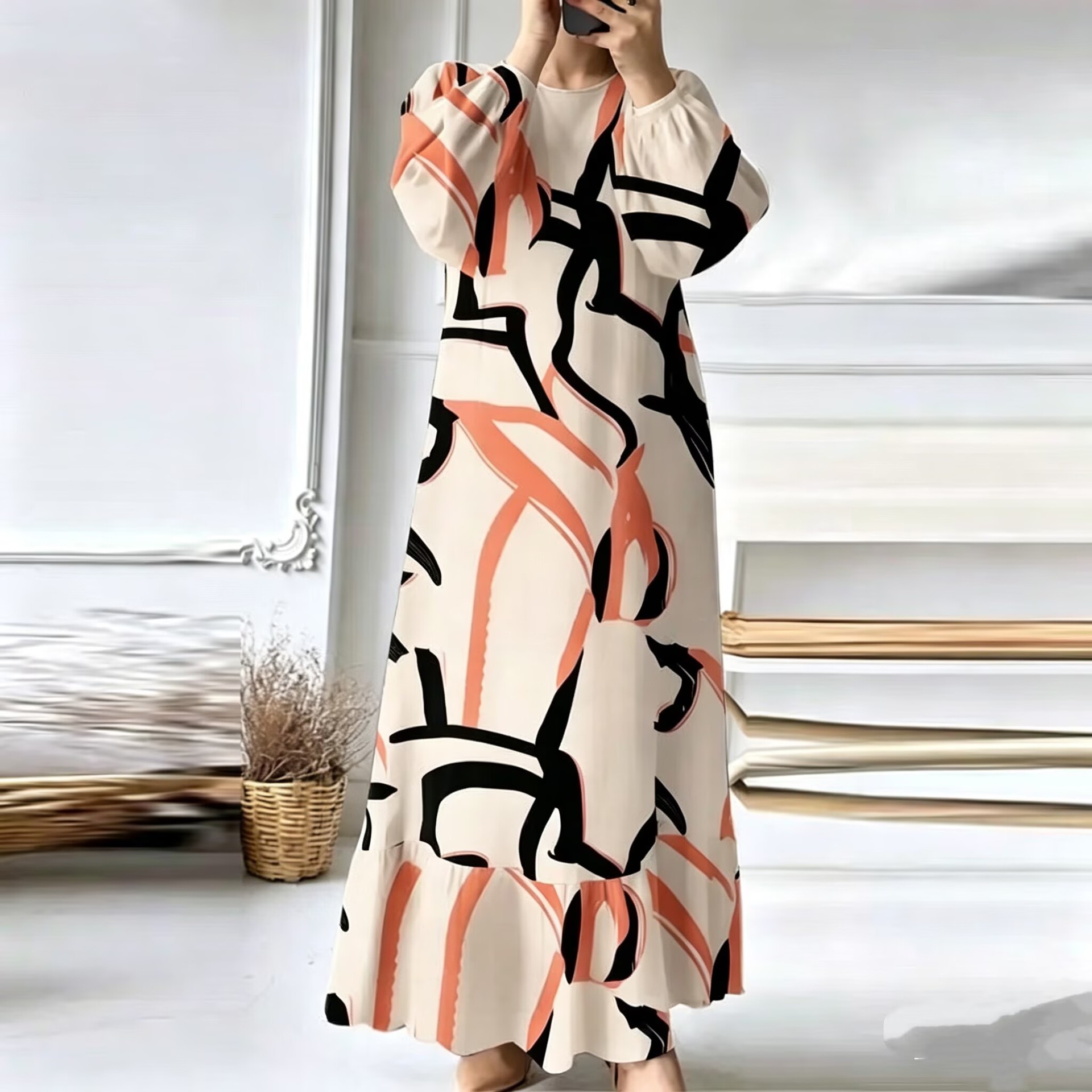 Women's Puff Sleeve Ruffle Hem Long Dress Solid Color