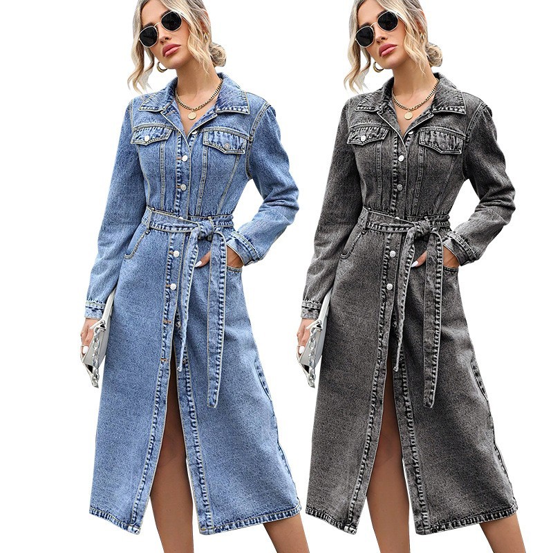 Women's Long Sleeve Tie-Waist Denim Shirt Dress