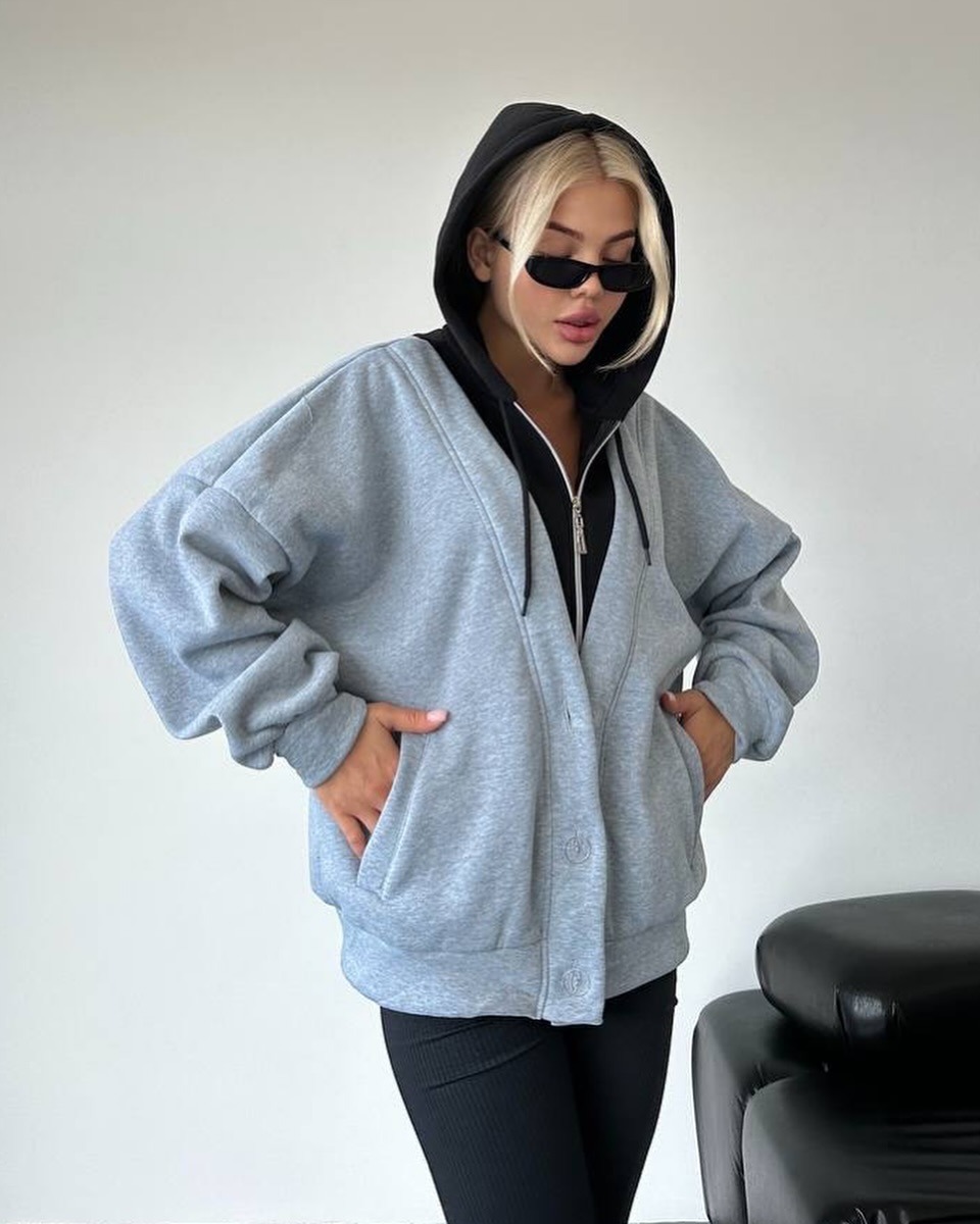 Women's Faux Two-Piece Hooded Zip-Up Sweatshirt Jacket