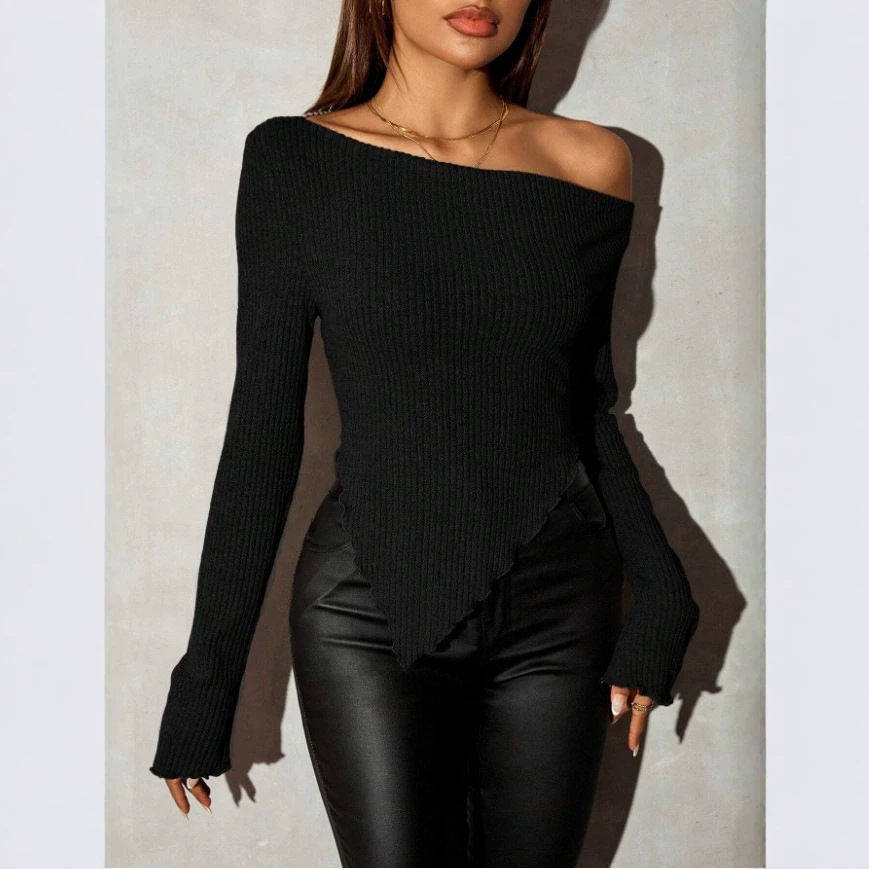 Women's Off-Shoulder Slim Fit Long Sleeve Knit Top