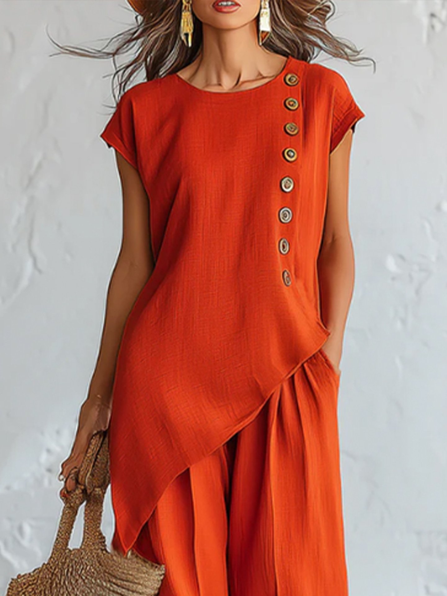 Women's Cotton-Linen Two-Piece Set with Sleeveless Top and Pants