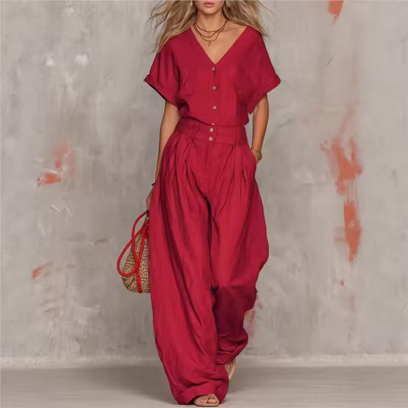 Women's Two-Piece Shirt and Wide-Leg Pants Set Casual Comfortable